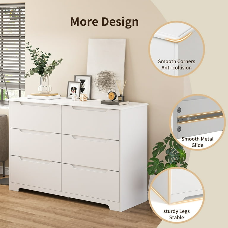 White Dresser , 6 Drawer Double Dresser with Cutout Handles, Modern Wood Chest  of Drawers Smooth Metal Rail - Walmart.com