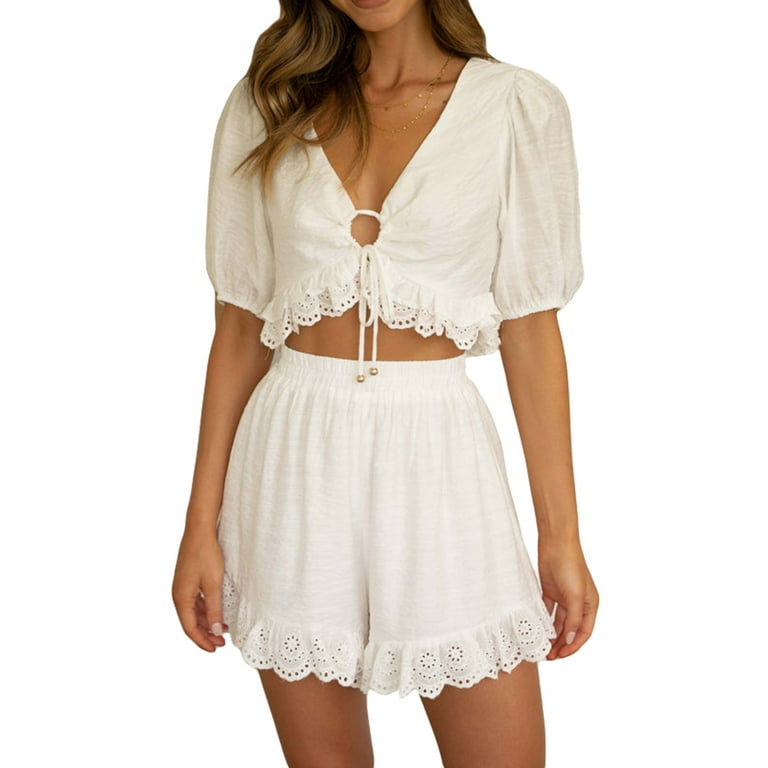 Licupiee Women Casual Outfits Half Puff Sleeve Tie Up Crop Tops+Flared  Shorts Lace Ruffle Hem Patchwork Two-Piece Shorts Sets