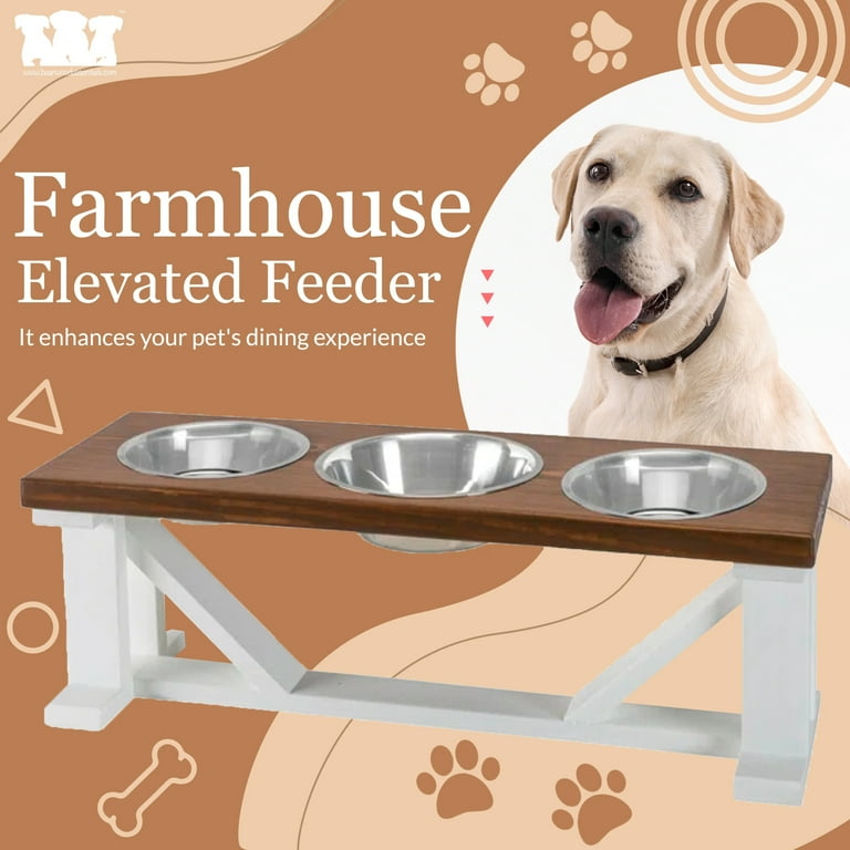 Bearwood Essentials Farmhouse 3 Bowl Elevated Dog Feeder Grey White Small