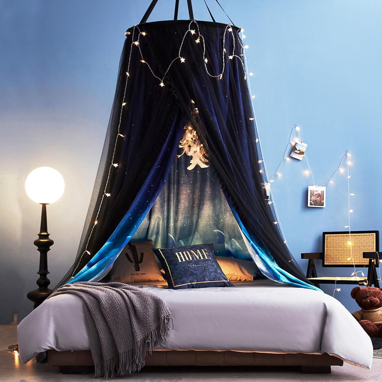 Gorgeous Dolphin Printed Bed Canopy for Girls & Adults, Room Decorative Cozy Bed Curtain Canopy Drapes, Round Dome Luxurious Lace Princess Canopies Mosquito Netting (Dolphin)