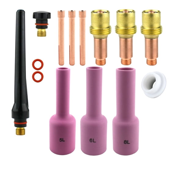 Consumables Kit for 17-18-26 Series TIG Torches with Gas Lens Set-Up - Long Nozzle - Sizes: 1/16", 3/32" and 1/8" (Model: AK-3-GLL)