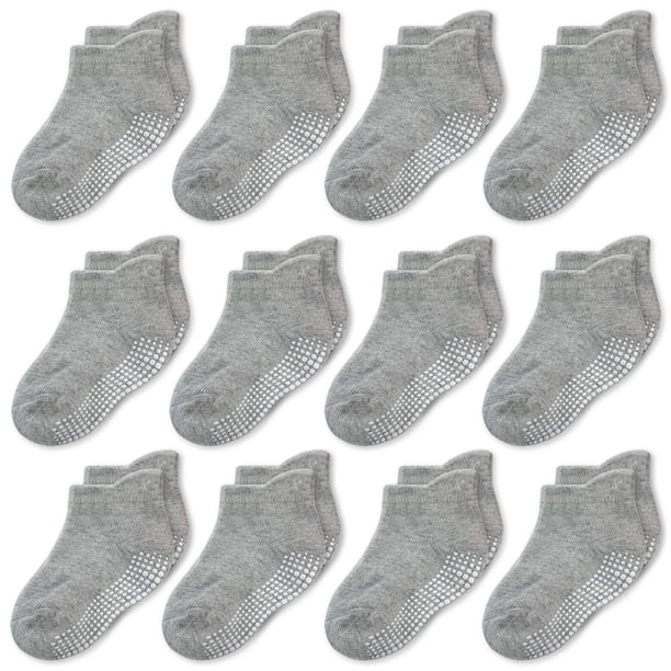 CozyWay Calcetines con pinzas para bebés y niños pequeños - Paquete de 12 con agarre en el tobillo gris de 6 a 12 meses - Puntera reforzada de algodón antideslizante - Lengüeta en el talón fácil de po