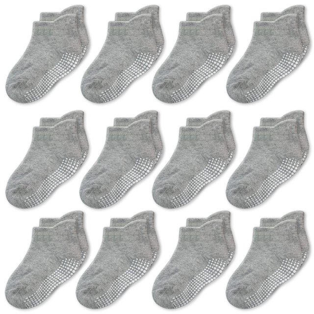 CozyWay Calcetines con pinzas para bebés y niños pequeños - Paquete de 12 con agarre en el tobillo gris de 6 a 12 meses - Puntera reforzada de algodón antideslizante - Lengüeta en el talón fácil de po