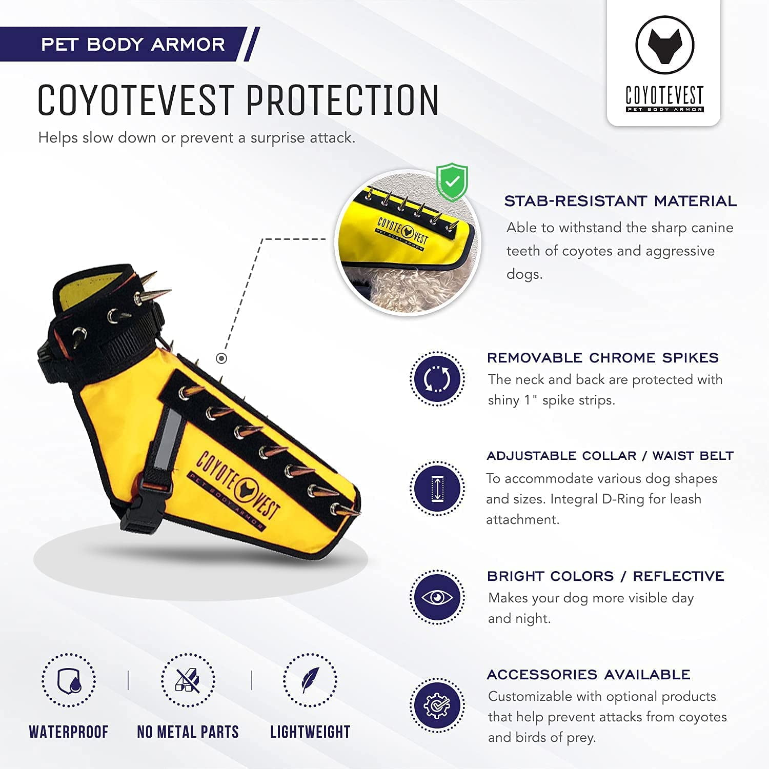 CoyoteVest Dog Harness Protection Vest, Reflective Dog Accessories with Spikes to Shield Your Pet from Raptor and Animal Attacks, Proudly Made in America (Medium, Royal Blue)
