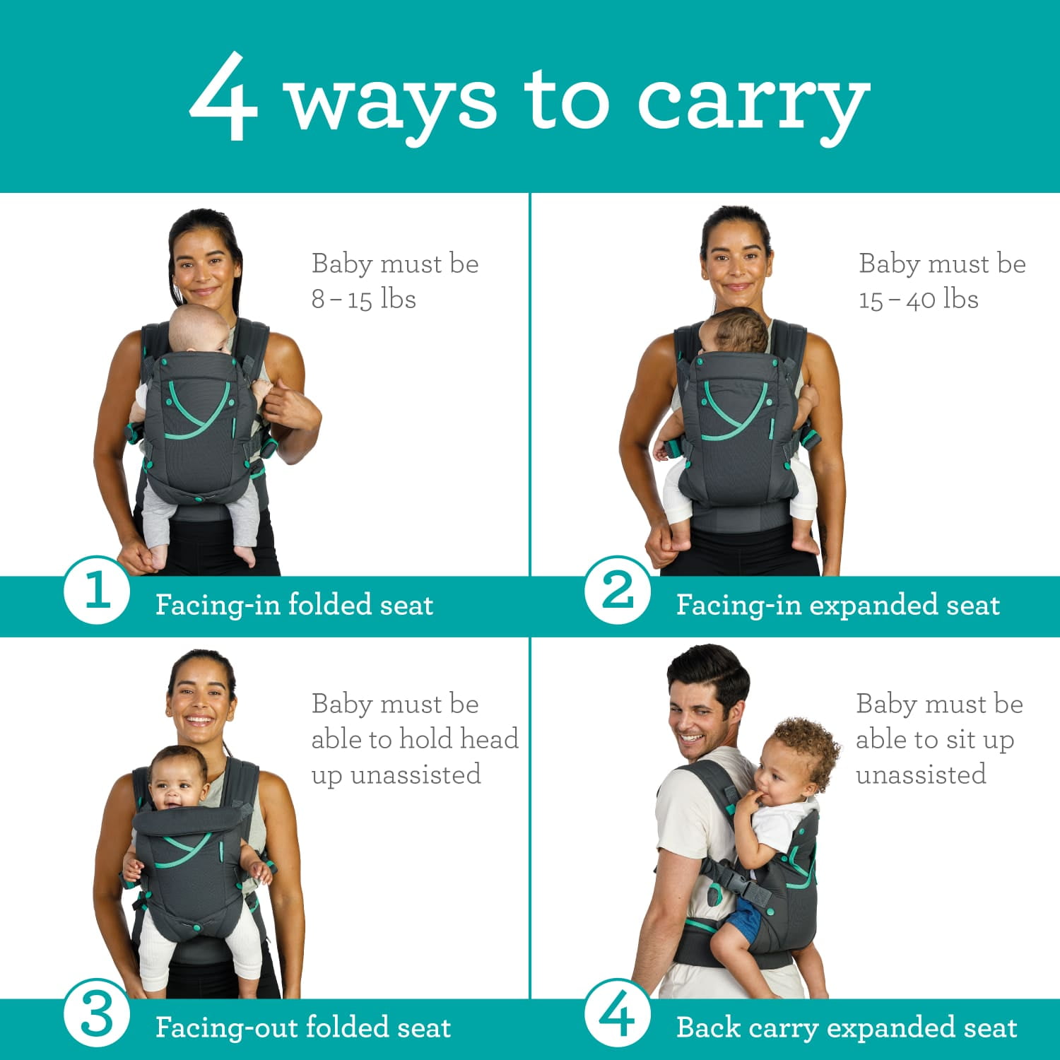 Infantino Carry On Active Multi-Pocket Baby Carrier, 4-Positions, 8-40lbs, Gray