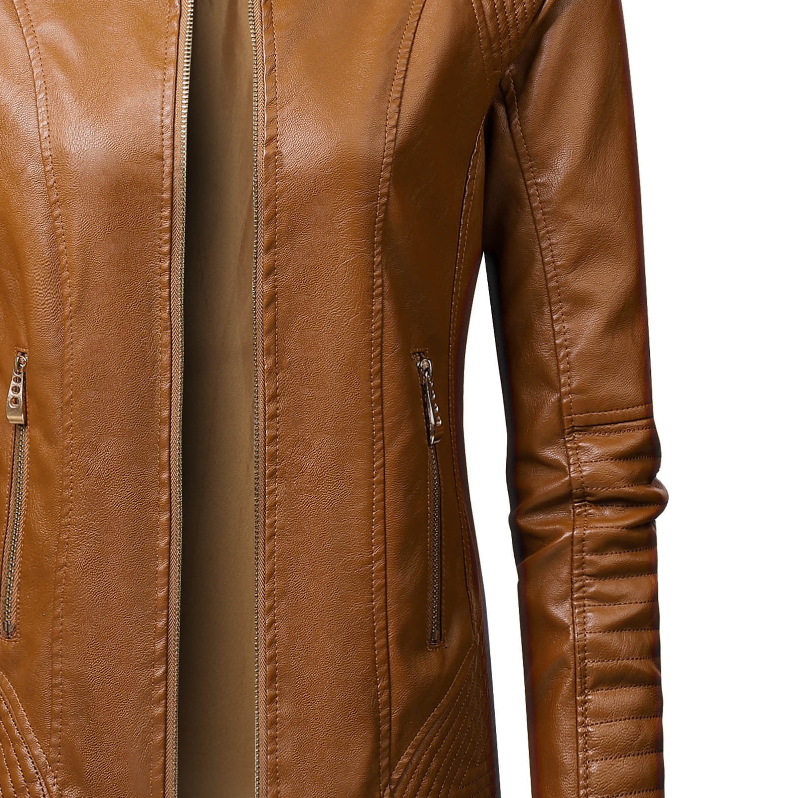 Lcziwo Women Jacket Leather Long Sleeve Solid Color Jackets Standing Collar Zip Up Casual Coats Open Front Biker Moto Cardigan Outerwear 2025 Brown,XXL