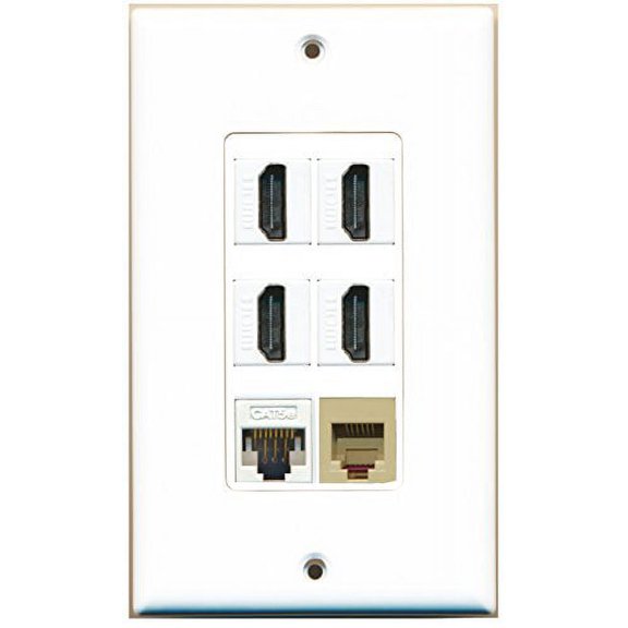 RiteAV - 4 Port HDMI 1 Phone RJ11 RJ12 Beige 1 Cat5e Ethernet White Wall Plate Decorative