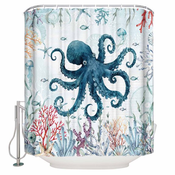 Fabric Shower Curtain, Ocean Octopus Starfish Coral Seashell Seaweed Blue Shower Curtains with 12 Hooks Waterproof Machine Washable Bath Curtains for Bathroom,48x 72in
