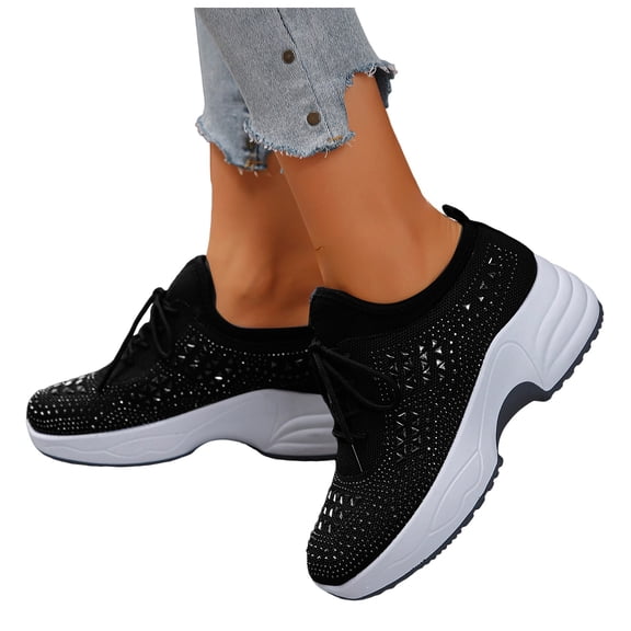 Women's Fashion Wedge Sneakers Breathable Glittery Rhinestone Bling Sparkly Sneakers Wedding Dressy Knitted Tennis Shoes Black Size 8.5