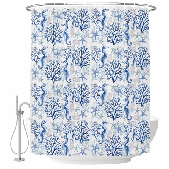 Shower Curtain Bathroom Set Ocean Blue Seahorse Starfish Coral Waterproof Fabric Shower Curtains with Grommets&Hooks, Watercolor Pearl Privacy Bath Curtain for Bathtub 36x72in