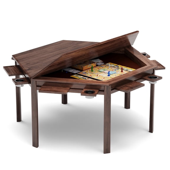 LAUSAINT HOME Board Game & Card Table for 6 Players with Removable Table Top, Cup Holders and Trays, Walnut Hexagon