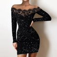 thumbnail image 3 of Women's Off-the-shoulder Sequined Lace Trim Slim Party Long Sleeve Ruffled Club Dress, 3 of 9