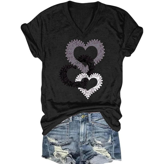 ALLLIST Womens Tops V Neck Summer Short Sleeve Tee Shirts Black Casual Love Heart Blouse Tops for Ladies