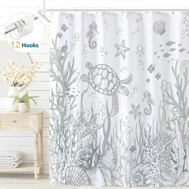 Cortina de Ducha Costera Náutica Dznils, Estampado de Tortuga Gris con 12 Ganchos, 72" x 72"