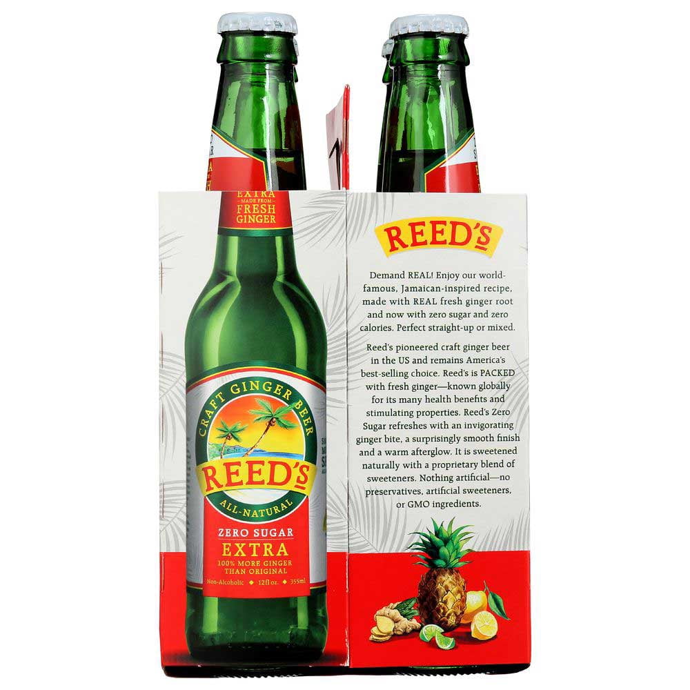 Reeds Zero Sugar Extra Craft Ginger Beer, 12 Fluid Ounce - 4 count per pack -- 6 packs per Case.