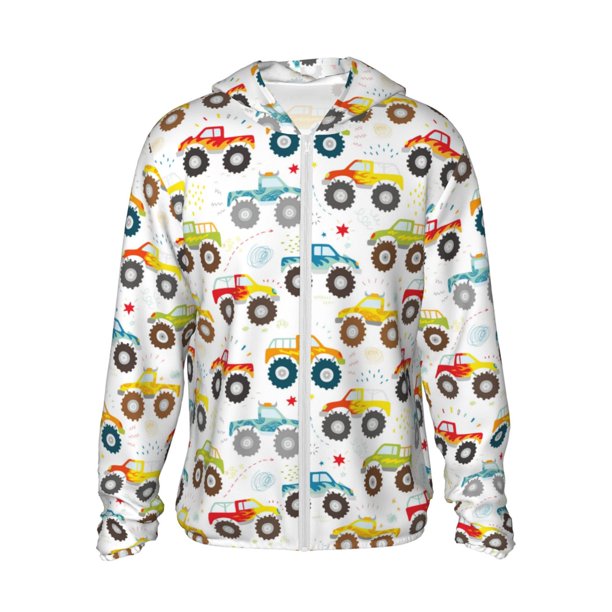 Fotbe Cartoon Monster Trucks Chaqueta con Protección Solar UPF 50+ para Hombre y Mujer, Camisa con Capucha y Bolsillos-Large