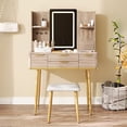 thumbnail image 1 of Yellow Brown 4-Drawer Vanity Desk with LED Mirror & Fluted Panel – Bedroom Makeup Table with PU Stool (120cm), 1 of 16
