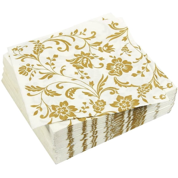 Lot de 100 Serviettes en Papier Décoratives Dorées, 2 Épaisseurs Vintage Florales Jetables pour Anniversaire, Mariage, Fournitures de Fête d'Anniversaire, 6.5 Pouces Pliées