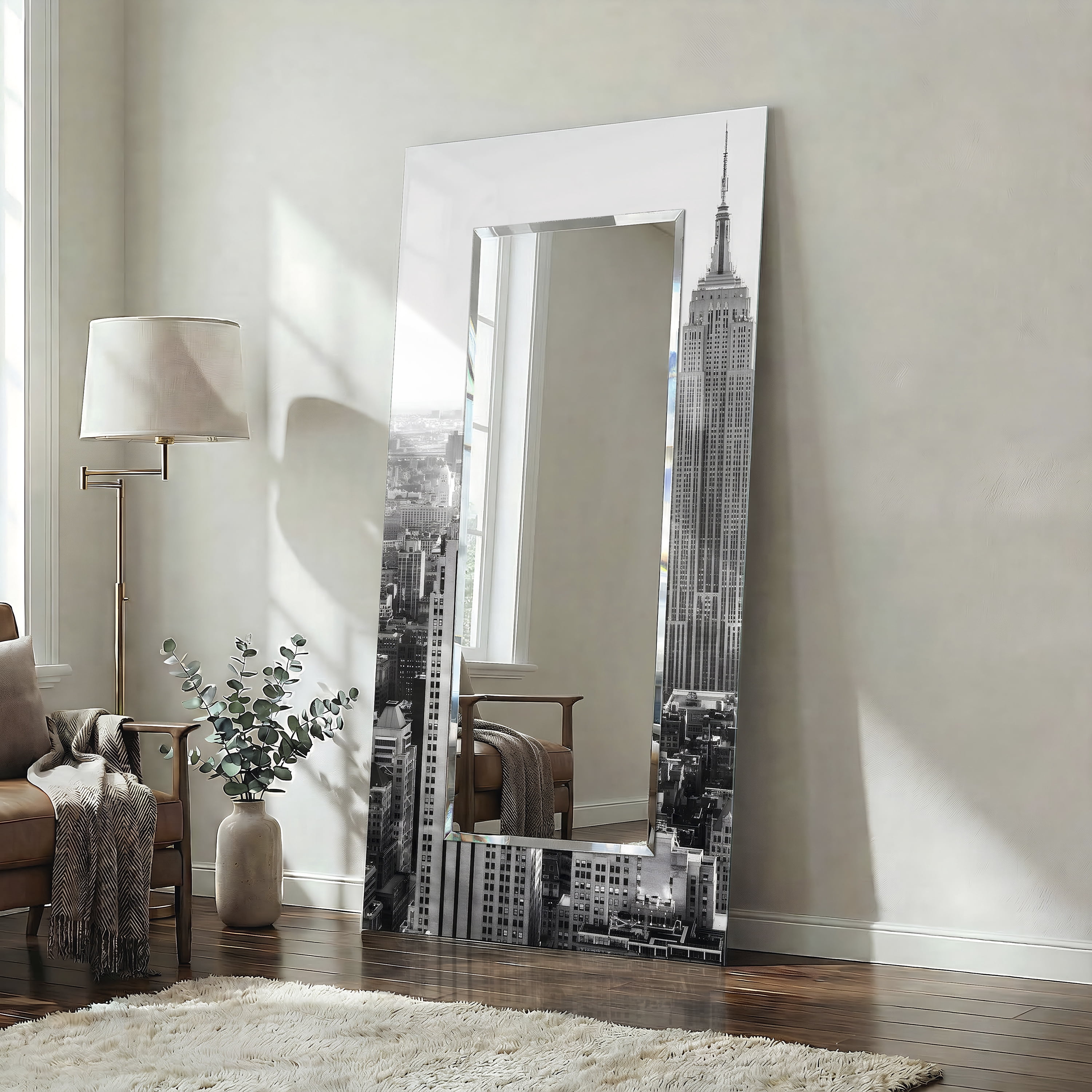 Empire Art Direct My N.Y. Rectangular Beveled Mirror on Free Floating Reverse Printed Tempered Art Glass, 72" x 36" x 0.4", Ready to Hang
