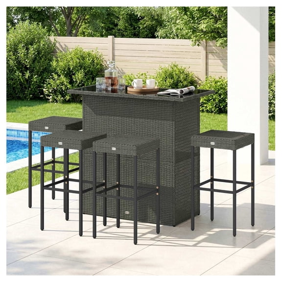 Rattan Bar Set 5 Piece, Outdoor Patio Bar Table & Chairs, High Top Wicker Furniture with Glass Top & 4 Stools, Gray