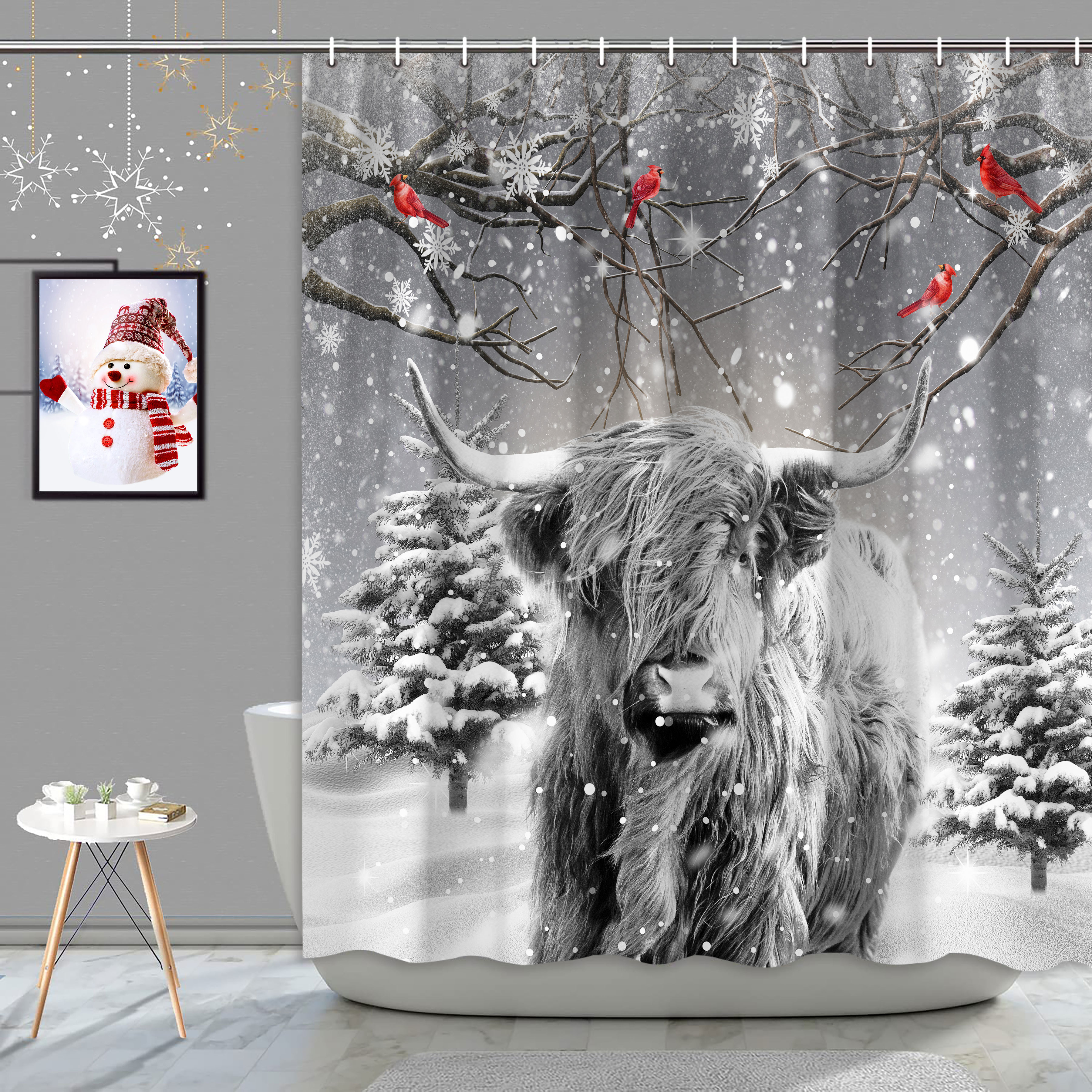 Winter Christmas Shower Curtain, Funny Highland Cow Snowflake Scene Shower Curtains for Bathroom, Cardinals Bird Pine Tree Covered Snow Fabric Bath Curtains Set with Hooks, 69x70 Inches