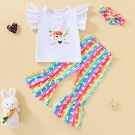 

Leutsin Baby Boys Short-Sleeve Bodysuit Baby Boys Girls Easter Lovely Bunny Candy Color Fly Sleeves T-shirt Top Trousers Headband Suit