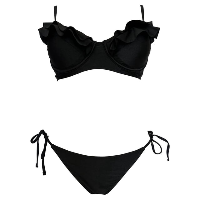 Traje de Baño Ocean Pacific para Mujer Bikini con Varilla en Top, Escote con Holanes y Tela Brillante Negro Talla G 2 Piezas