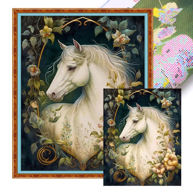 Hilo Algodón Bordado 11CT Caballo en Punto Cruz 50x60cm Blanco