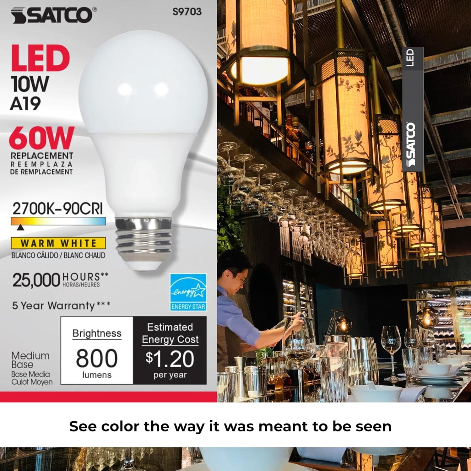 Satco S9703 A19 LED Light Bulbs 10W 120V 90CRI 2700K E26 Medium Base Dimmable (6 Pack)