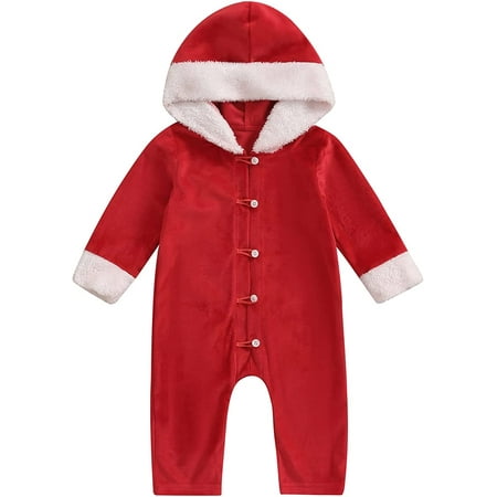 

PIKADINGNIS Toddler Baby Boy Girl Christmas Clothes Furry Patchwork Hooded Long Sleeve Button Down Romper Jumpsuit Outfits