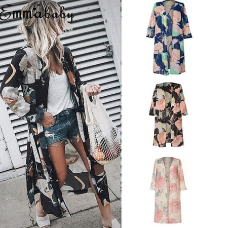 - Women Floral Print Loose Shawl Kimono Blouse Long Cardigan Chiffon Coat