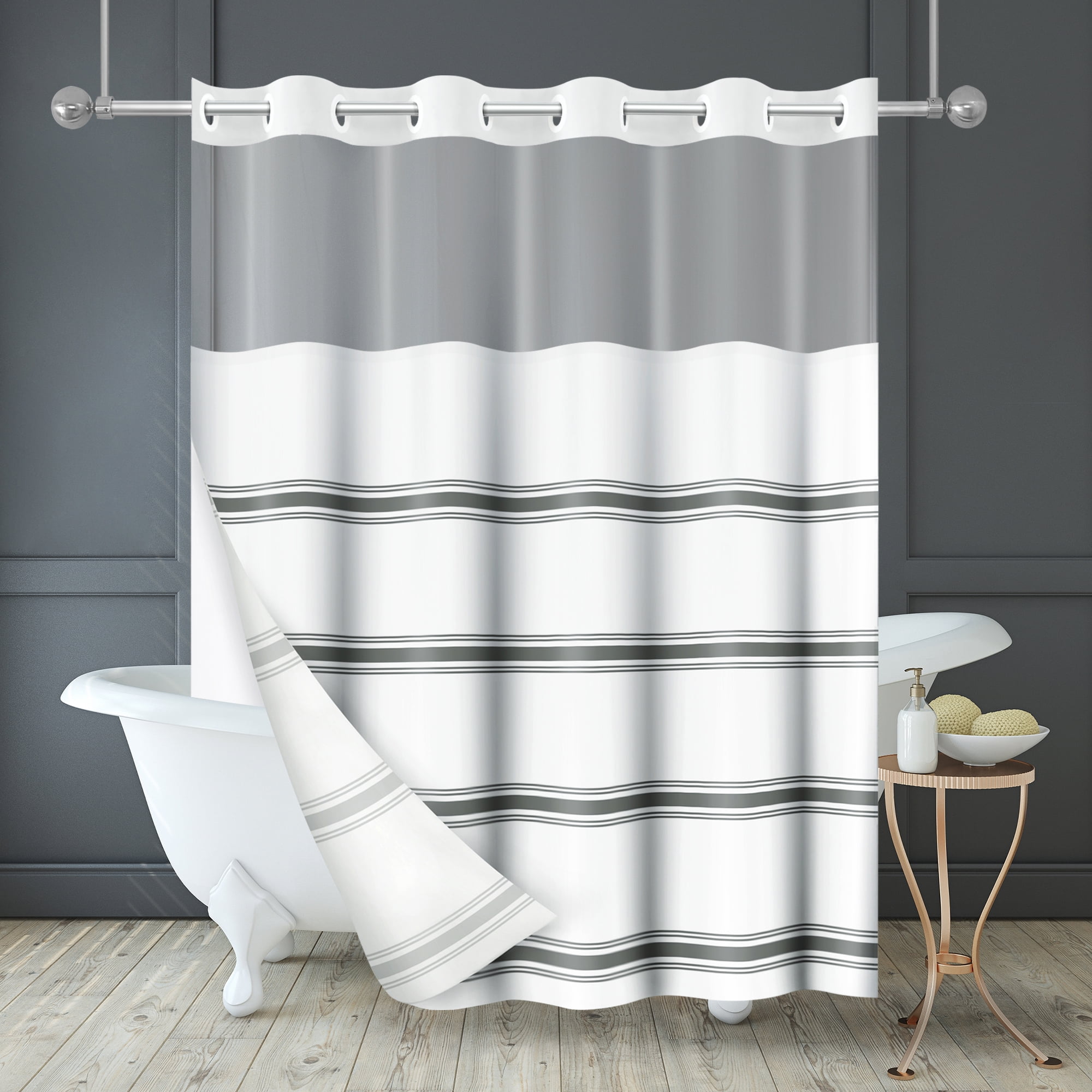 Americanflat 72x75 Hookless Shower Curtain - Grey Abstract Lines Shower Curtain with Sheer Panel, Snap-In Liner, and Grommets - 100% Polyester