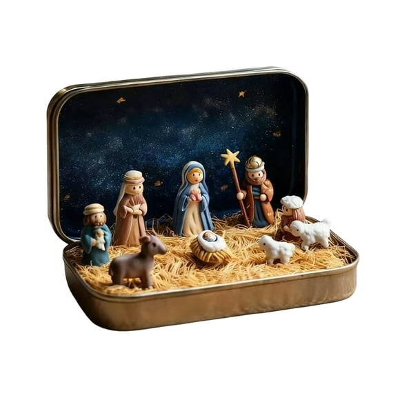 Belén navideño en miniatura en una caja de hojalata. Belén de bolsillo hecho a mano. Pequeño adorno religioso de la Sagrada Familia para decorar el escritorio, la estantería, la oficina o los viajes.