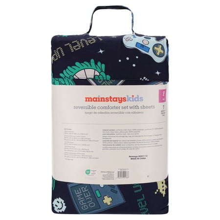 MAINSTAYS KIDS GLOW IN THE DARK GAMER REVERSIBLE COMFORTER SET WITH SHEETS, FULL, 7 PIECES