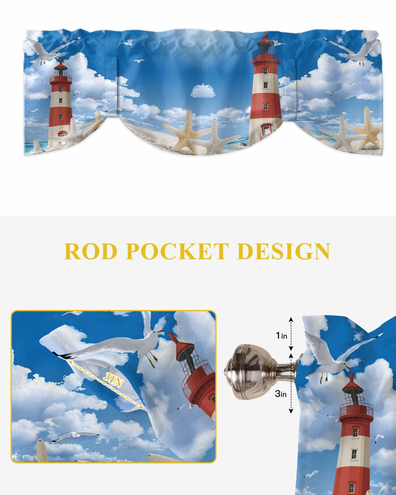 Lighthouse Seagull Tie Up Valances Curtain, Adjustable Kitchen Starfish Summer Beach Sandy Valances for Windows Decor, Rod Pocket Short Curtains Set for Bedroom/Bathroom, 54"x18"