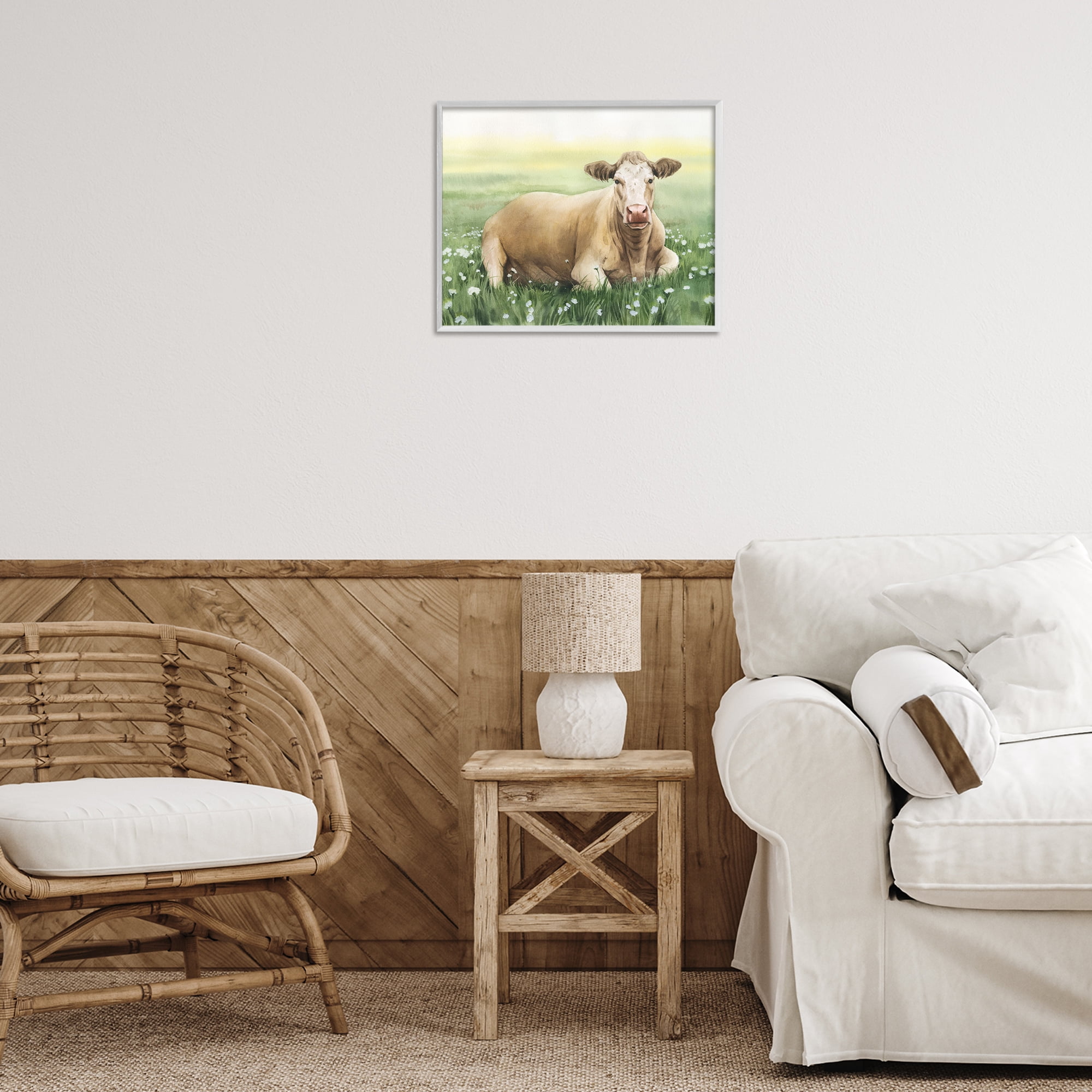 Stupell Industries Resting Beige Cow Animals & Insects Painting White Framed Art Print Wall Art, 20 x 16