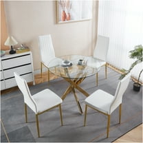 JERFIT 5-Piece Mid-Century Modern Dining Set with Glass Top Table & 4 Chairs, White and Gold Metal Legs for Kitchen, Diner, Breakfast Nook