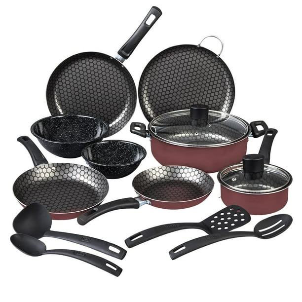 Cinsa Bateria de cocina Esencial Equipa tu cocina 15 piezas, aluminio con antiadherente thermocell, tapas de vidrio templado, utensilios, Rojo (15 piezas)