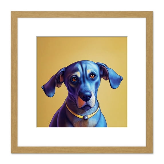 Blue Fox Hound Dog Pet Portrait Painting Illustration Mustard Yellow Square Wooden Framed Wall Art Print Picture 8X8 Inch