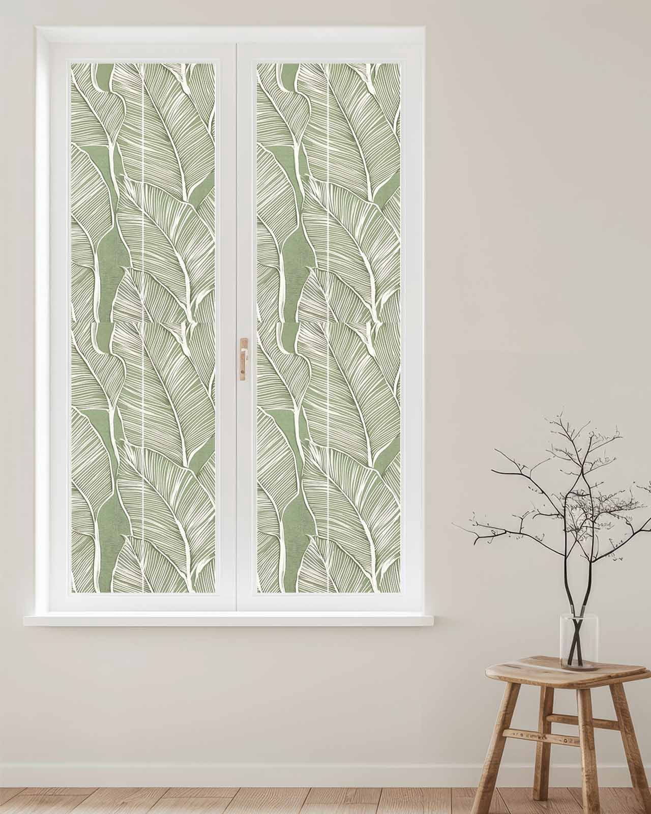 Window Privacy Film Summer Palm Leaf Stained Glass Window Film Decorative Sun Block Window Cover Tropical Bloom Silhouettes Green Window Clings Static Adhesive Sticker for Bathroom 17.7"x78.7"