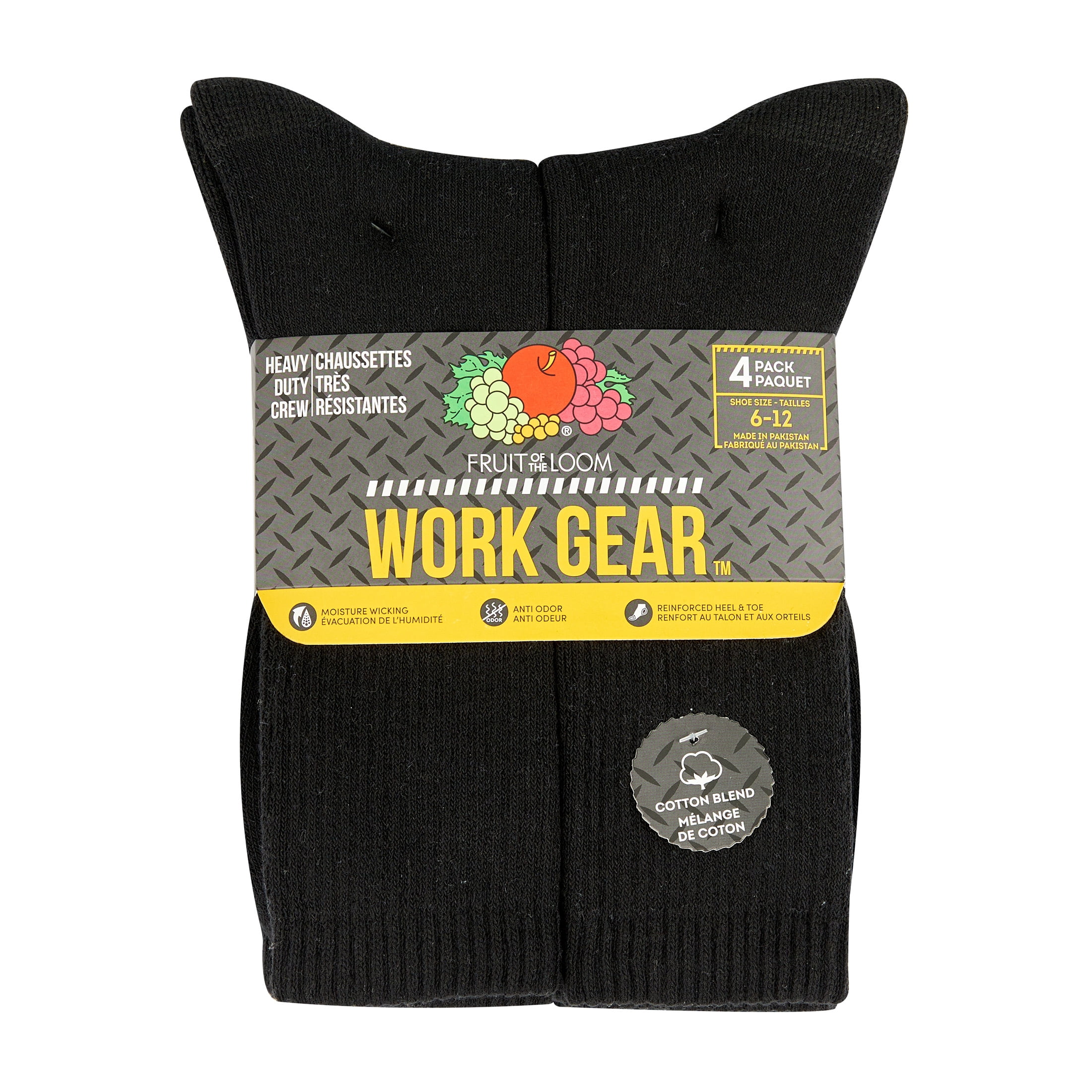 Fruit of the Loom Work Gear Heavy Duty Men's Crew Socks, Sizes 6-12, 4-Pack
