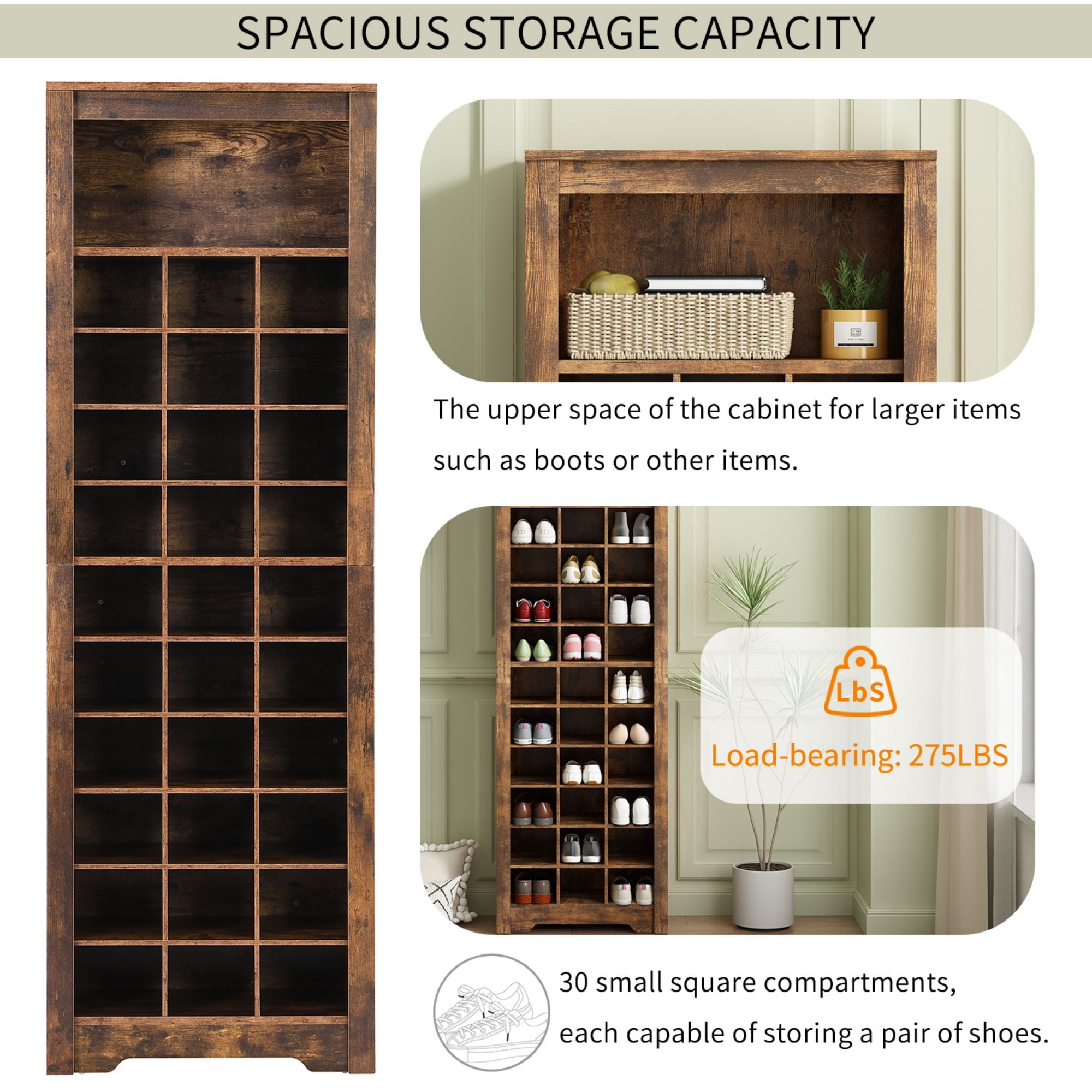 DEALTOPS Modern Freestanding Shoe Cabinet with 30 Square Shoe Compartments, Tall Stylish Shoe Rack with Large Storage Capacity for Entryway - Rustic Brown