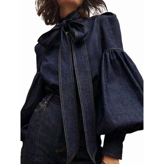 Women'S Tie Design Denim Button High Neck Jacket with Elastic and Puff Sleeves Navy Blue S
