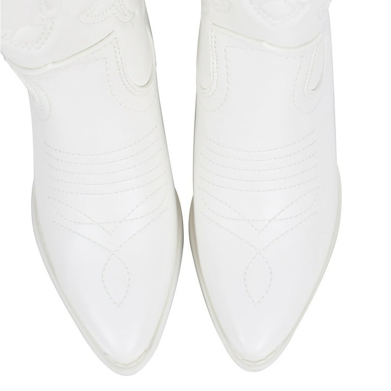 Soda Women's Faux Leather Cowboy Mid Block Heel Boots, White , 9 M US 