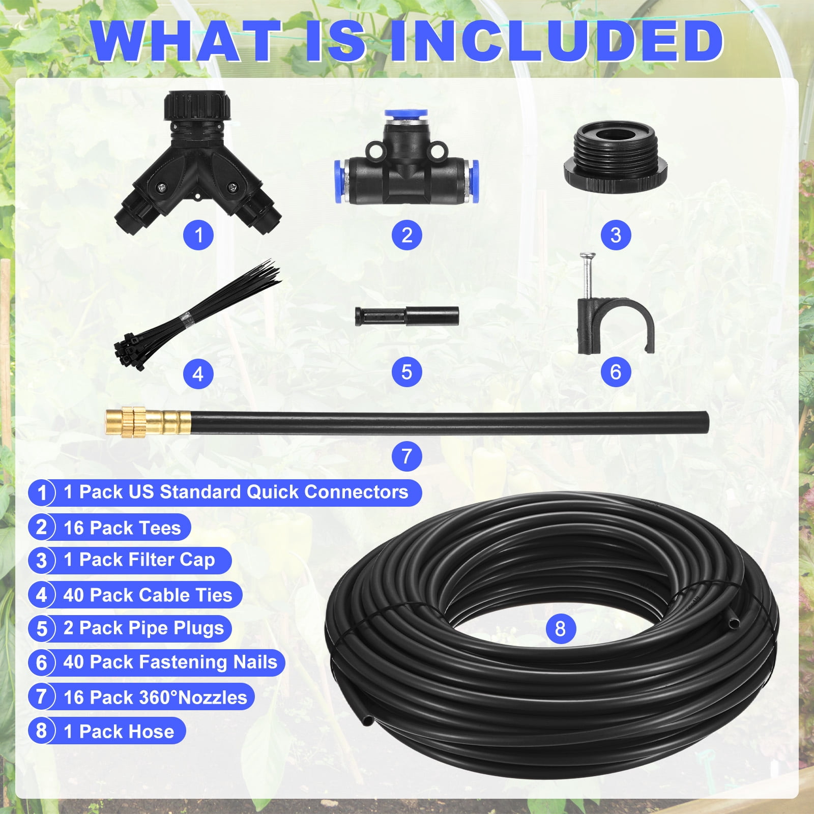 Uxcell 1-Set Drip Irrigation Systems, 98Ft 1/4" Hose Garden Watering Misting System with 16pcs 360° Adjustable Copper Nozzles