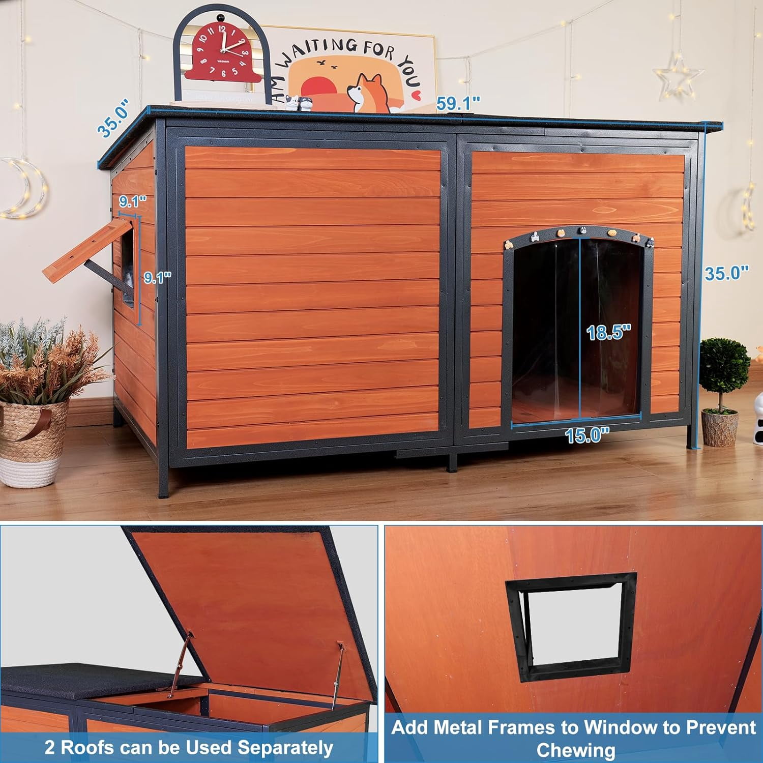 Insulated Extra Large Wooden Dog House Outdoor Iron Frame 59.1" L Winter Pet Kennel Weatherproof