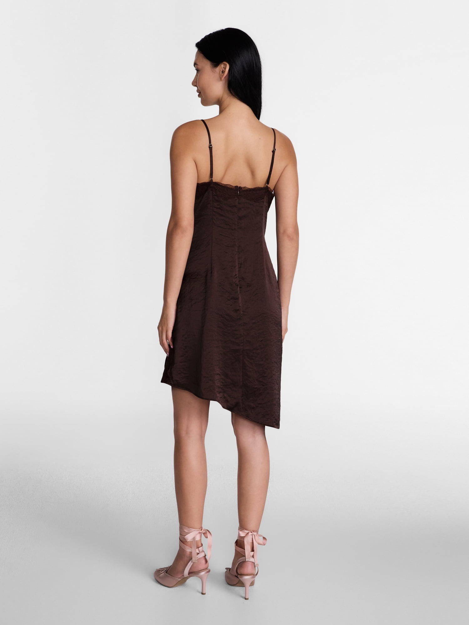 Madden NYC Women’s Lace Trim Satin Slip Dress with Asymmetrical Hem, Sizes XXS-XXL
