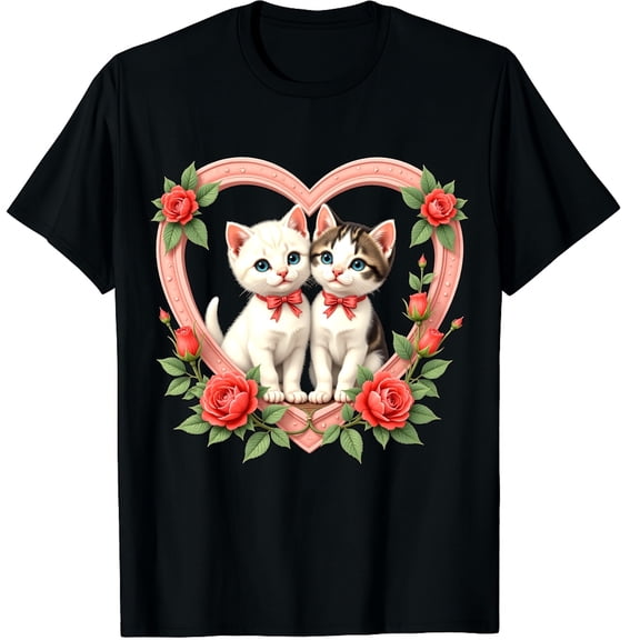 Retro Cat Valentines Day Cute Kitten Rose Flower Cat Lover Graphic Crew Neck Short Sleeve T-Shirts (Men's, Women's)