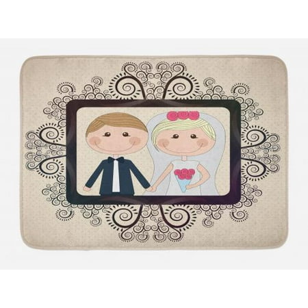- Romantic Bath Mat, Wedding Photography Illustration with Happy Bride and Groom Swirled Lines Backdrop, Non-Slip Plush Mat Bathroom Kitchen Laundry Room Decor, 29.5 X 17.5 Inches, Multicolor, Ambesonne