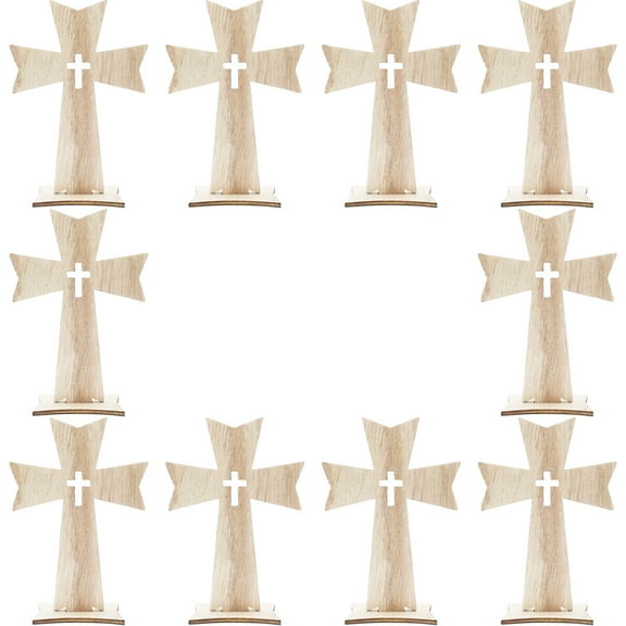 MLINS Wooden Cross Ornaments for Decor Sturdy Beige Wood Tabletop Cross with Rounded Corners 10pcs